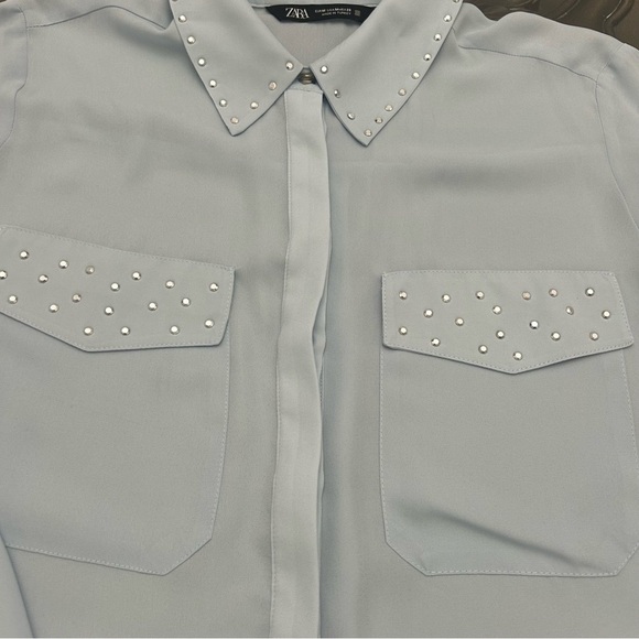 💎Zara Light Blue Rhinestone Detail  Shirt Med - Picture 5 of 13